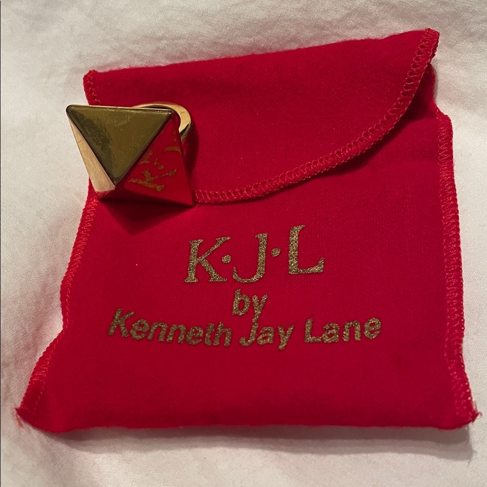 Kenneth Jay Lane Gold Pyramid Ring with Red Pouch
